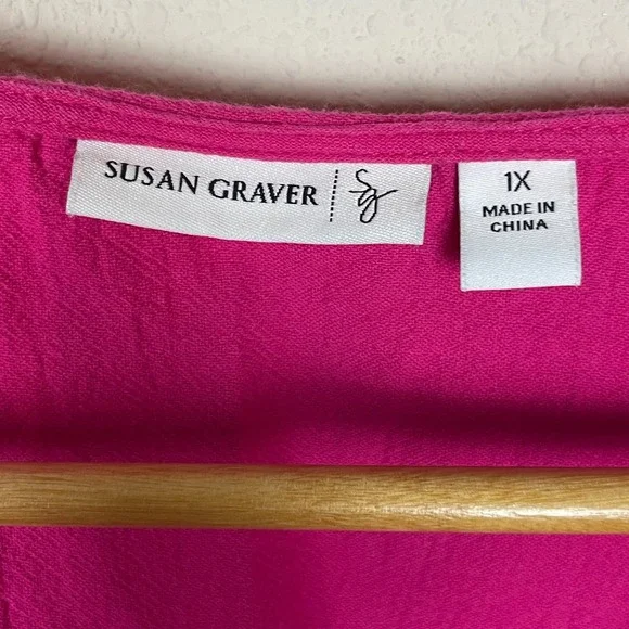 Susan Graver Pink Beaded Top 1X Roll-Tab Sleeve Casual Cotton Coastal Everyday - Picture 6 of 7